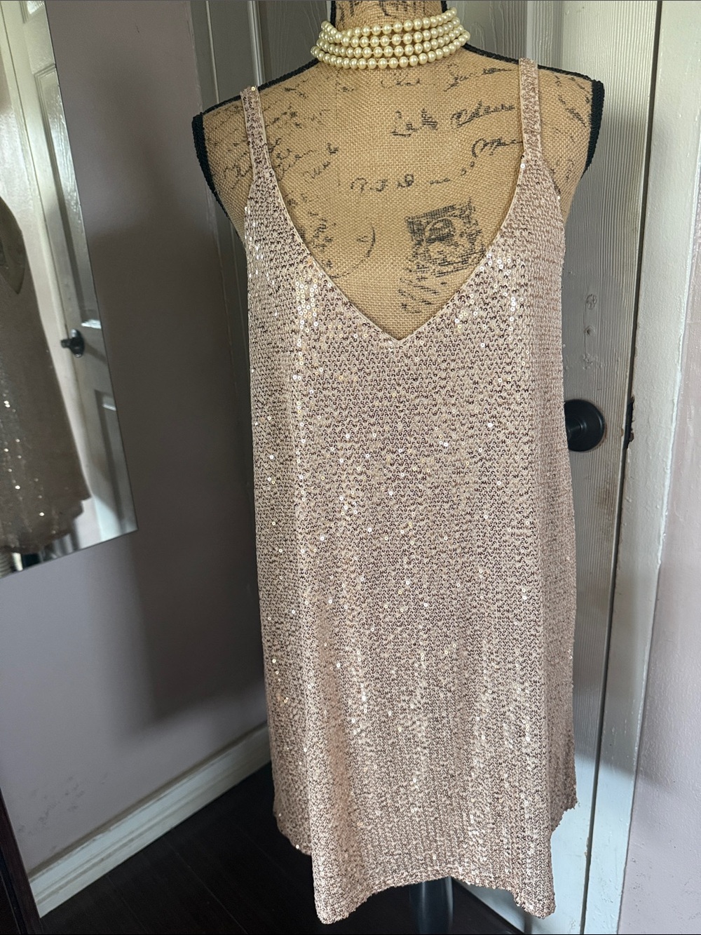 Sequin V-Neck Mini Dress - Blush